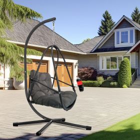 Hanging Egg Chair with Stand - Indoor/Outdoor Woven Rattan Swing Chair with Stand - 350lb Capacity (Color: Black)